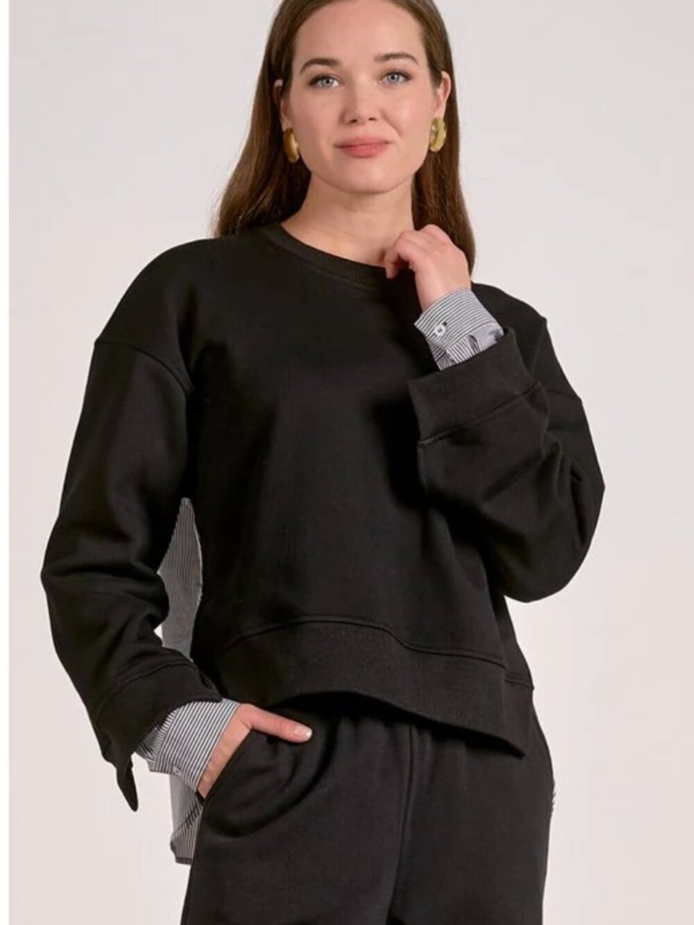 Elan Layered Black Sweatshirt with Shirttail